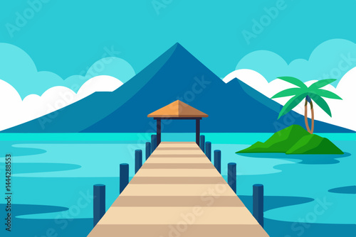 Serene Tropical Getaway Wooden Dock Leading to Island Paradise