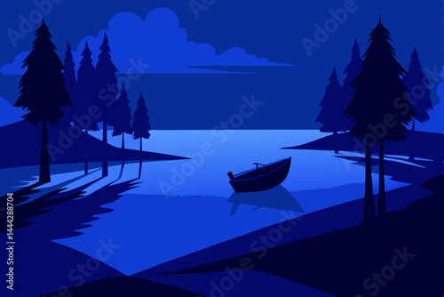 Serene Night A Boat at Rest on a Tranquil Lake Surrounded by Majestic Pines