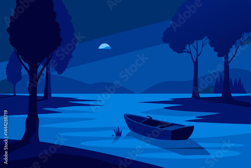 Serene Night Moonlight on Calm Lake with Rowboat