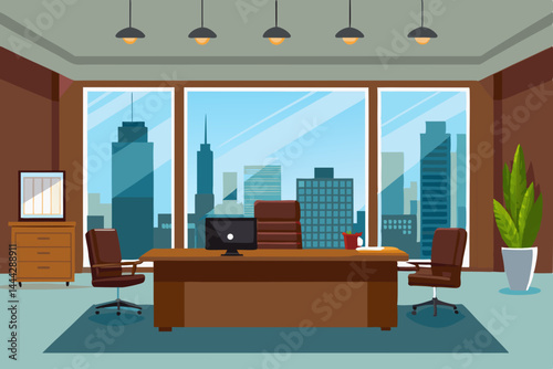 Modern Office Design Panoramic City Views and Executive Workspace