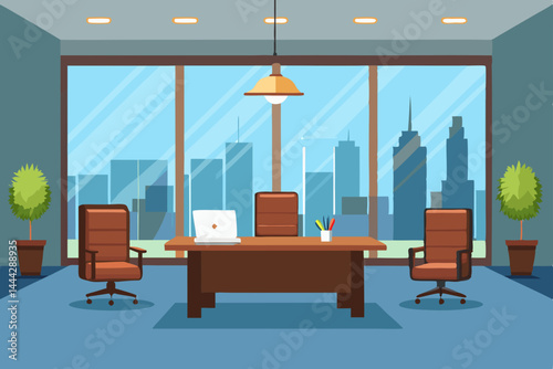Modern City View Office Interior Design  Spacious Executive Workspace with Panoramic Windows