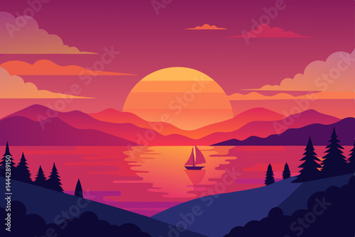 Serene Sunset Sailboat Vibrant Landscape Illustration