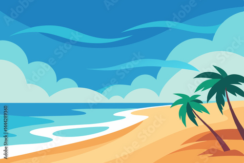Tropical Beach Paradise Idyllic Palms, Azure Ocean, and Sunny Skies