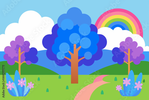 Vibrant Rainbow Landscape A whimsical illustration of a colorful path, trees, and flowers under a bright rainbow