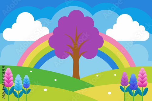 Rainbow over Rolling Hills A Vibrant Spring Landscape Illustration