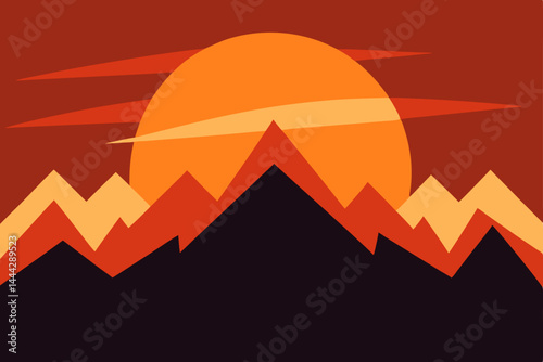 Sunset Mountain Landscape Fiery Hues and Silhouetted Peaks