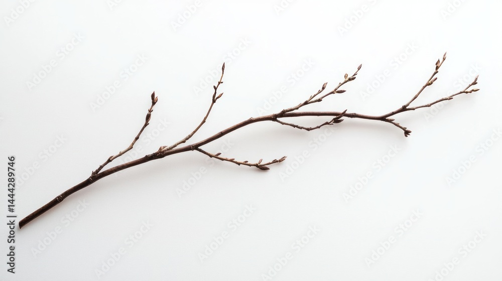 Fototapeta premium A lone, delicate dry willow branch forming a poetic silhouette, macro shot on white