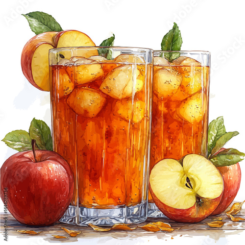 watercolor of Glass Of Apple Juice With An Apple Slice, vector, isolated on a white background.
