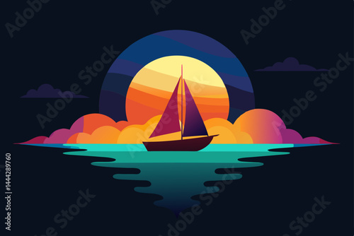 Sunset Sailboat A Serene Evening at Sea, Colorful Sky and Calm Waters