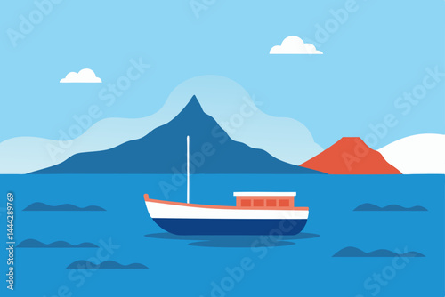 Serene Island Escape Boat and Volcanic Mountain Landscape Illustration