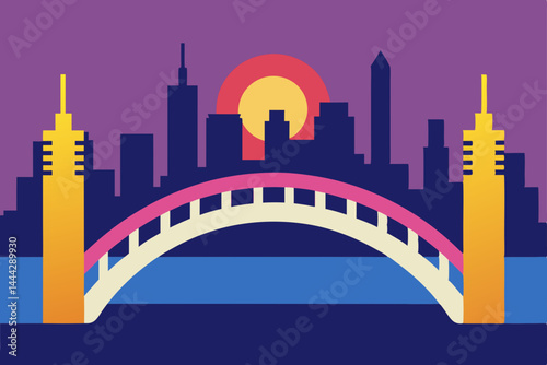 Cityscape Sunset Modern Bridge Silhouette at Dusk