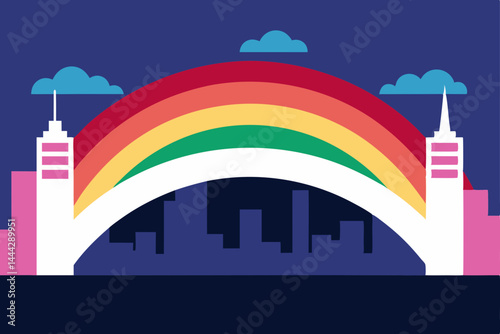 Vibrant Rainbow Bridge over Cityscape A Modern Art Illustration