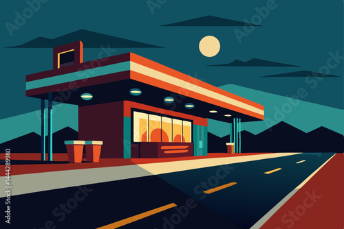 Retro Diner on Highway Nighttime Drive-In Illustration