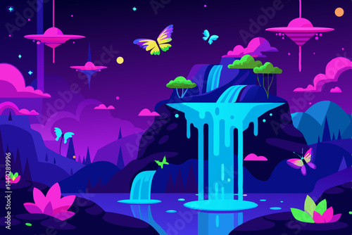Neon Waterfall Fantasy A Vibrant Nighttime Landscape with Butterflies and UFOs
