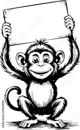 Happy Monkey Holding Blank Sign - Vector Illustration