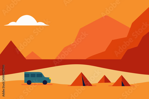 Desert Camping Adventure SUV and Tents in a Sunset Landscape
