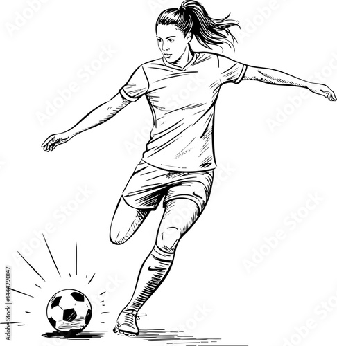 Woman Soccer Player Kicking Ball, Vector Illustration