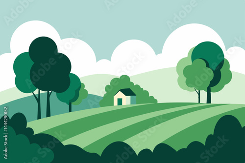 Serene Countryside Landscape Rolling Hills, Lush Green Fields, and a Cozy Cottage
