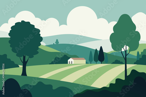 Serene Countryside Landscape Rolling Hills, Green Fields, and a Peaceful Farmhouse