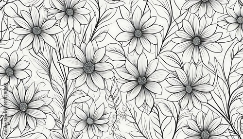 Floral Pattern with Daisy Flowers and Leaves in Black and White