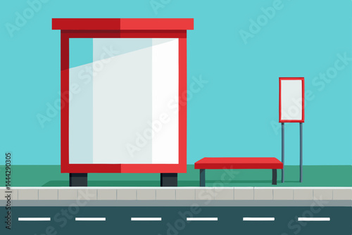 Modern Red Bus Stop Design Advertising Space and Public Shelter Illustration