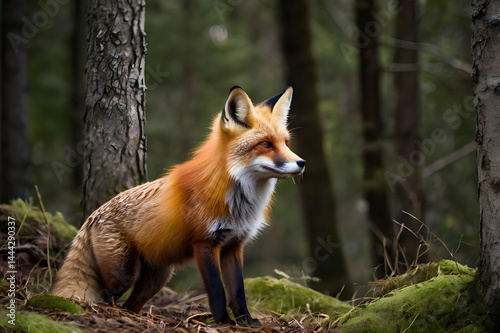 Enchanting Red Fox Portrait Amidst Verdant Forest A Captivating Glimpse into Wildlife Serenity in a Lush Woodland Setting with Mossy Trees and Ferns