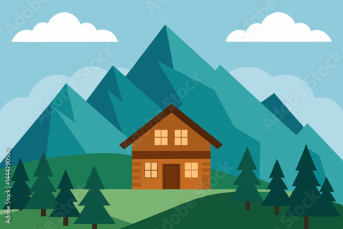 Mountain Cabin Retreat Serene Landscape Illustration