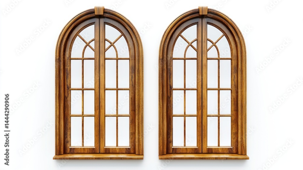 Obraz premium A pair of classic wooden windows with symmetrical panes and natural wood grain on a white background.