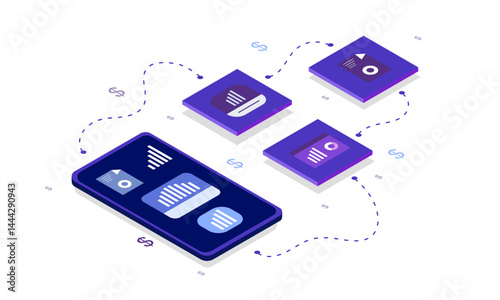 Mobile Application Dashboard with Floating Interface Cards for Business Analytics Display