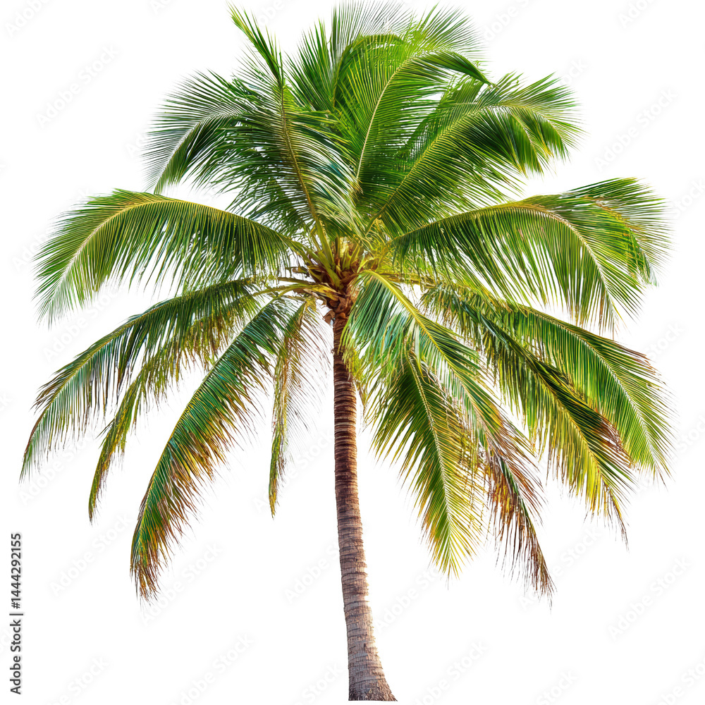 Fototapeta premium Tall lush green coconut palm tree with a thick trunk and long arching fronds swaying in tropical breeze on clear sky background