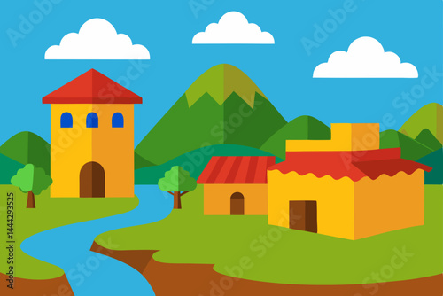 Serene Village Landscape Picturesque River, Mountains, and Colorful Buildings