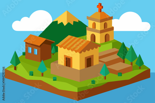 Isometric Village Illustration Charming Houses, Mountain Scenery, and Church