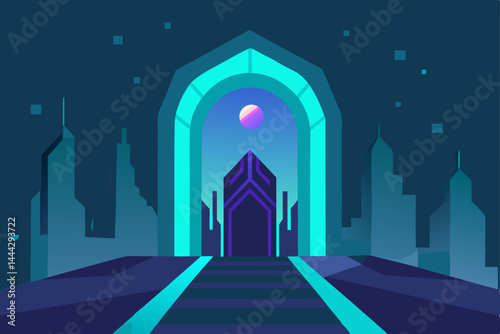 Futuristic Cityscape Gateway Neon Portal to a Sci-Fi Metropolis