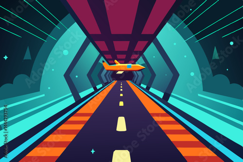 Futuristic Highway Tunnel Plane Soaring Through Neon Lights