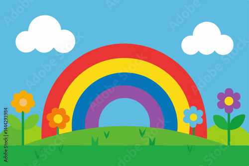 Vibrant Rainbow over Rolling Hills and Colorful Flowers A Delightful Spring Scene
