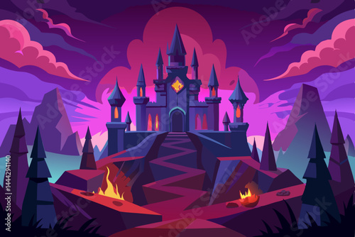 Mysterious Dark Castle on a Mountaintop A Fantasy Landscape Illustration