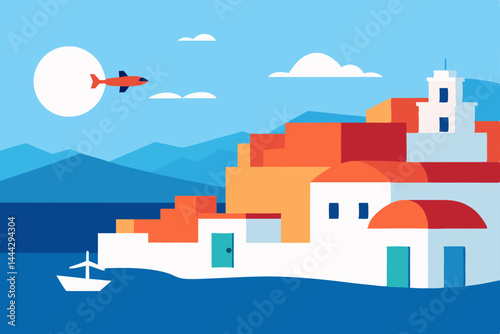 An idyllic summer landscape of white architectural homes and buildings on the sea, characteristic of a Greek island village