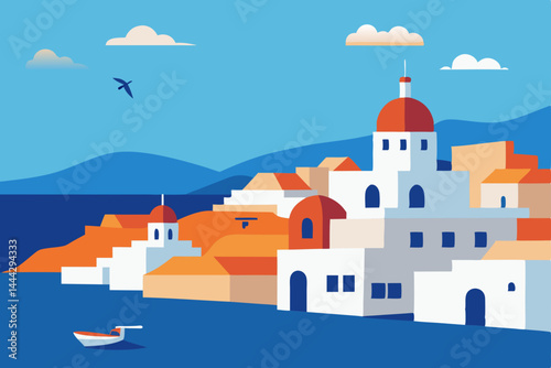 White ancient church architecture graces Oia village on Santorini island, Europe, under a vast sky