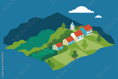 Map of South Korea showcasing a vibrant rural landscape with green mountains, blue sky, and a village of houses nestled near the sea, under a summer sun with fluffy clouds