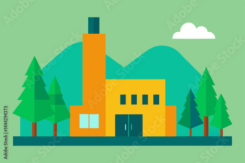 Vector illustration of a cartoon factory building in an urban city landscape with trees and sky