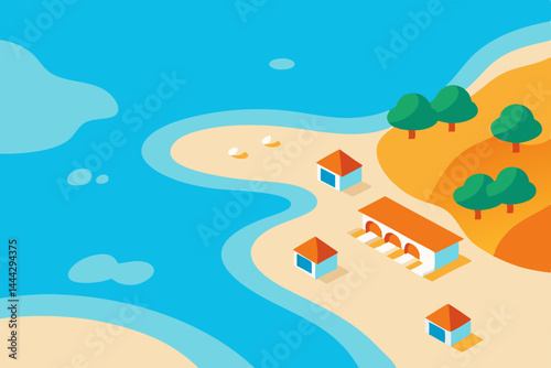 Hand-drawn vector illustration of a tropical island beach with the sun, sea, and palm trees, perfect for summer travel and nature landscape designs