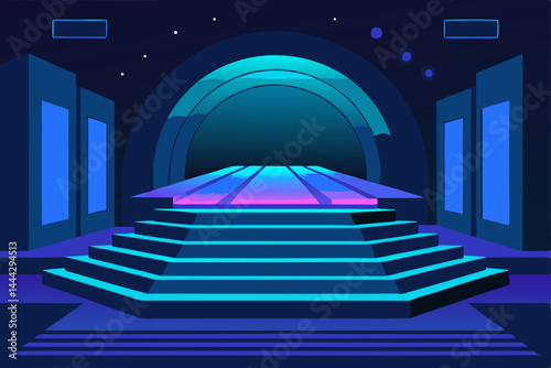 Abstract blue background featuring a magic lamp in the night sky over an empty 3D architectural corridor with a glowing door and illuminated floor design