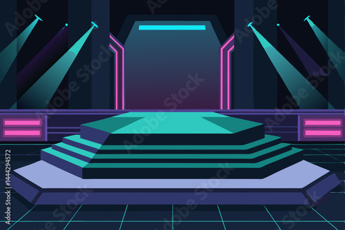 Abstract 3D architectural design with colorful lines and arrows creating a VIP entrance hall and red carpet to success