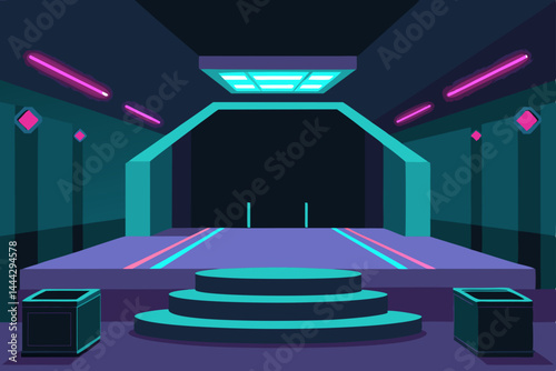 A luxurious 3D theater interior features an empty stage with blue curtains and a red carpet leading to an illuminated VIP entrance, conceptualizing the path to fame and celebration