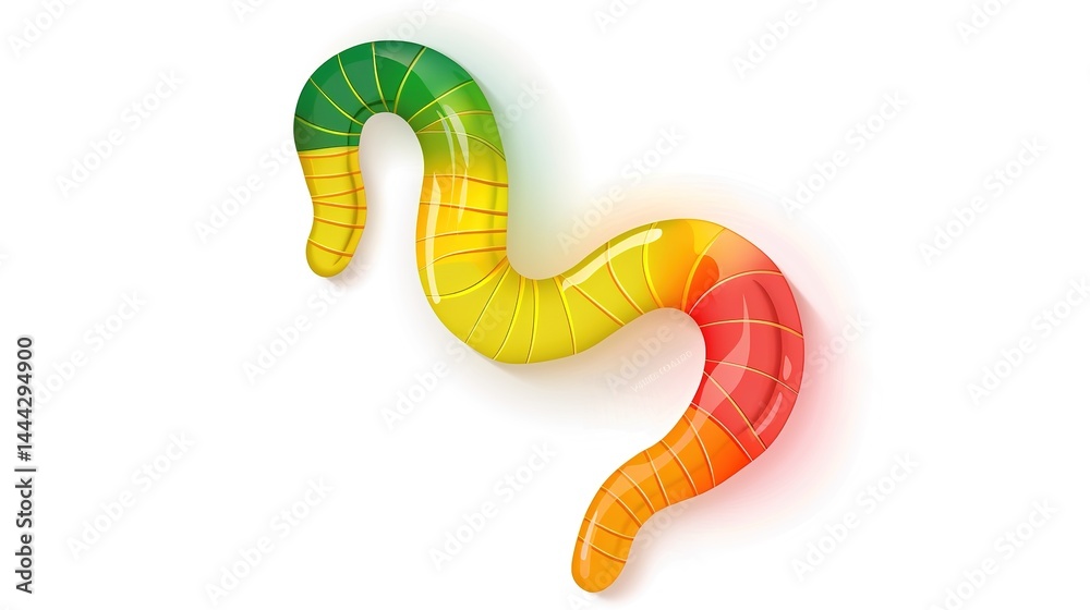 Naklejka premium Colorful gummy worm candies standing out on a pure white background, a perfect visual for candy and snack concepts. The gummy worm candies, with their soft and wiggly shapes, are very eye - catching 