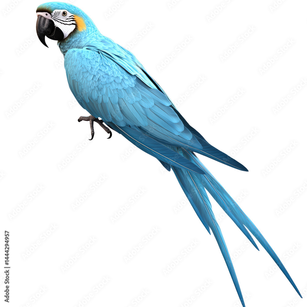Obraz premium Vibrant blue macaw parrot with striking feather patterns perched with detailed plumage isolated on white background