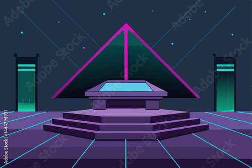 Red carpet stairs leading to a star-studded stage, a luxurious entrance for a movie premiere celebration, symbolizing fame and Hollywood success with abstract light and 3D effects