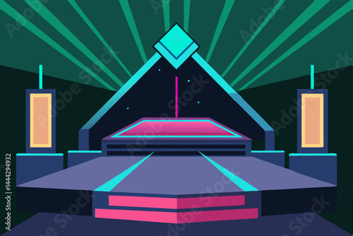Vector illustration of a stage with a spotlight illuminating a conceptual building design, symbolizing architectural innovation
