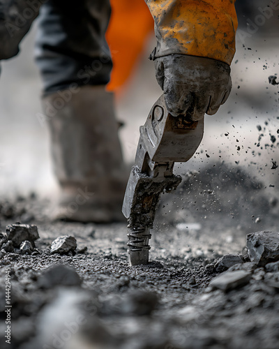Construction Worker Using Jackhammer on Concrete
