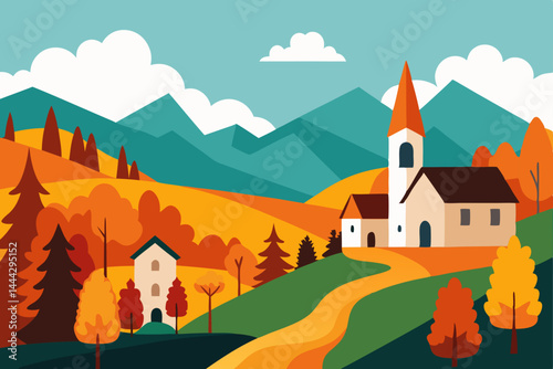 Autumnal Village nestled in the Mountains A picturesque landscape illustration